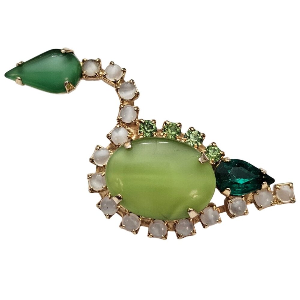 Green UV Rhinestone Swan Brooch Oval Cabochon Pin C767